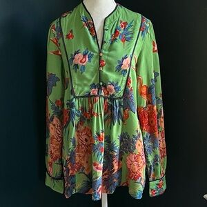 Anthropologie Lively Botanical Green Floral Print Long Sleeve Top | Size XS